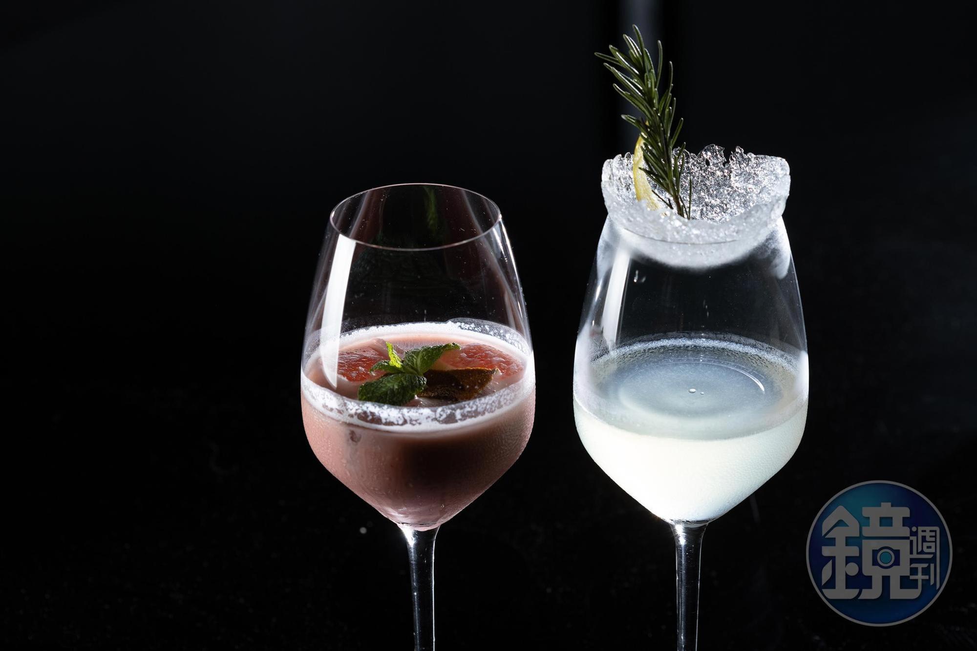 使用白酒與蘆薈酒為基底的「Hillock Fizz」(右),是一款造型吸睛的開胃酒;「Fancy Vivid」(左),則是口感濃厚,入口莓果香氣明顯的白蘭地與威士忌調酒。(皆為400元/杯)