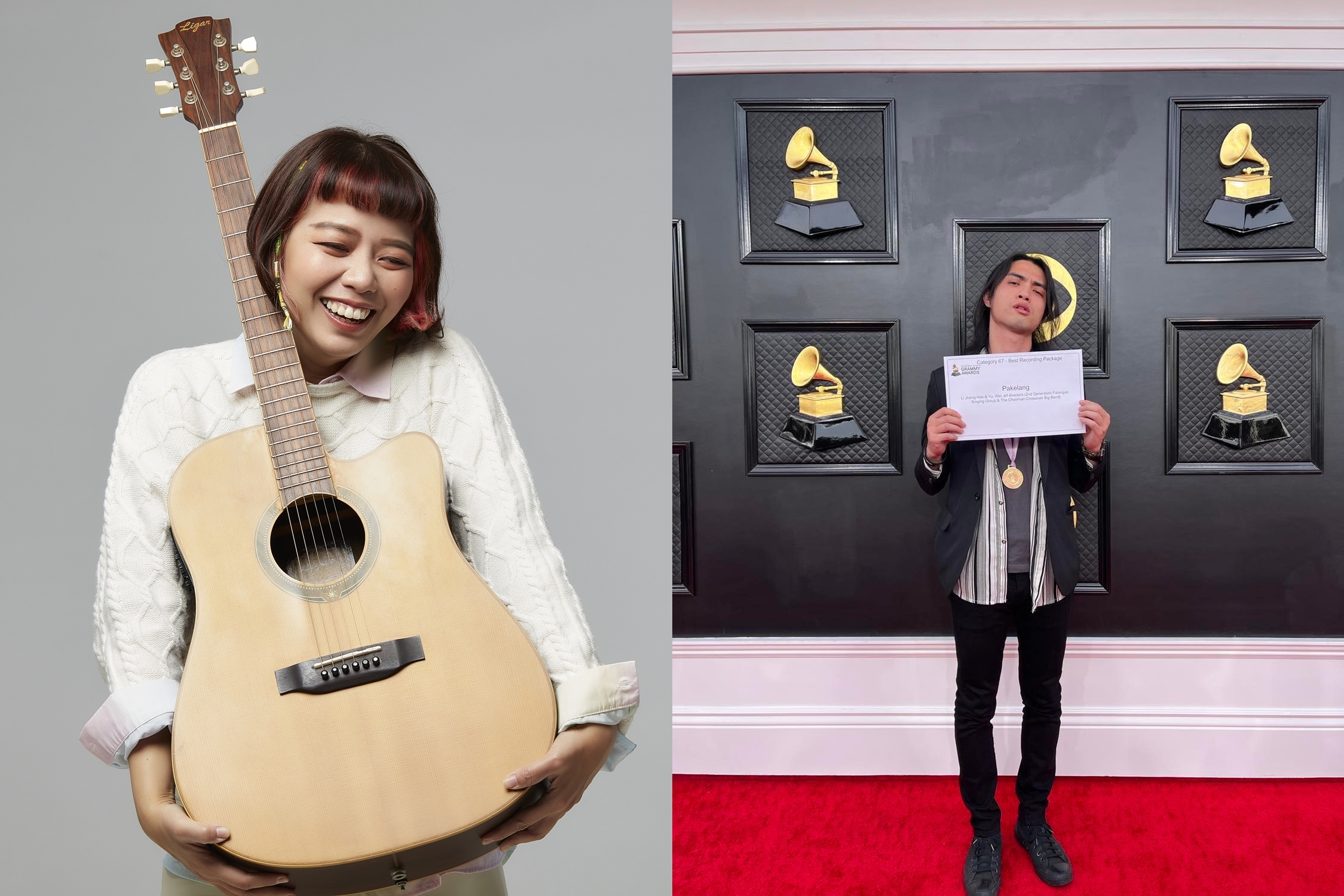 曾立馨的新專輯主題圍繞著北管文化、媽祖信仰、廟會景象、告別式、彰化舊城等，找來葛萊美獎得主李政瀚（右）製作。（flyingV提供）