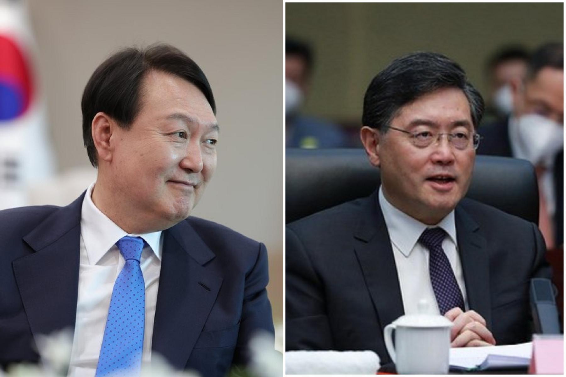 攏係為台灣！韓國VS中國在台海議題舌戰，中外長秦剛(右)今又嗆「在台灣問題玩火必自焚」。（翻自《韓聯社》）