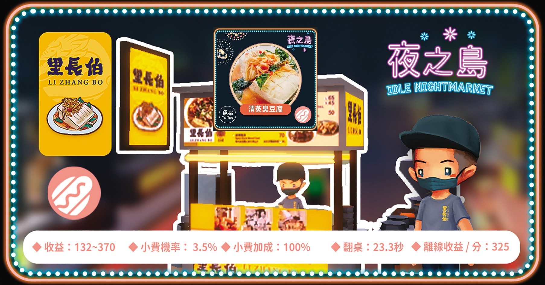 《夜之島》與寧夏、南機場等夜市合作,在遊戲中還原店家的招牌商品(中間小圖)。(魚拓遊戲提供)