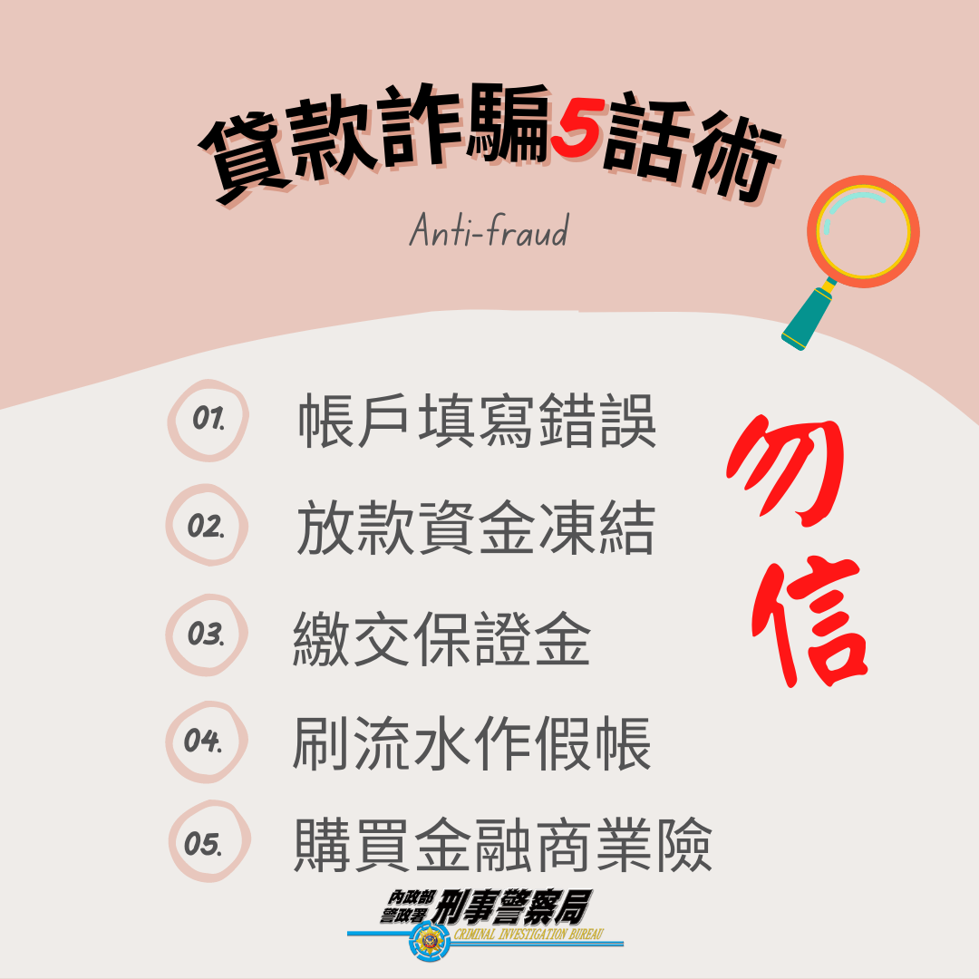 刑事警察局提醒，佯稱代辦貸款詐騙有五大常見話術。（警方提供）