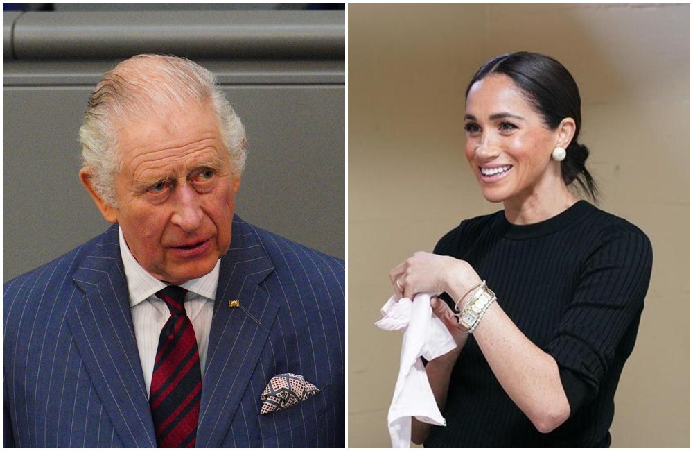 查爾斯三世（左圖）加冕典禮在即，媳婦梅根（右圖）不會出席。（翻攝The Royal Family臉書、@scobie推特）