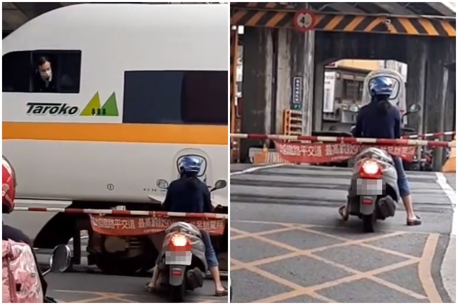 宜蘭一名女騎士擅闖平交道內，被太魯閣駕駛飆罵後，仍沒有打算移動。（左圖翻攝自臉書社團「重機車友 ❘ 各區路況天氣、資訊分享中心」，右圖翻攝自社會事新聞社群）