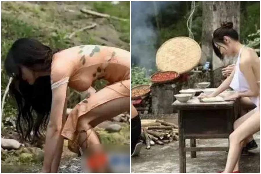 近日中國流傳眾多「農媛」照，妹子穿著性感上衣。（翻攝自微博）