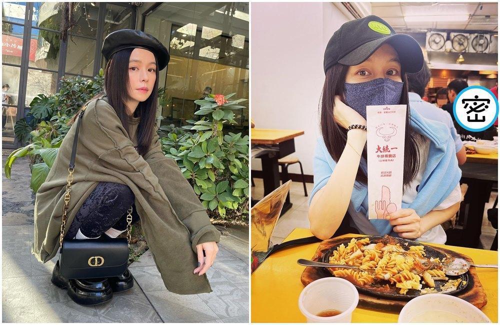 徐若瑄到士林夜市吃牛排(右圖),後方小弟的反應引人注目。(翻攝徐若瑄臉書)