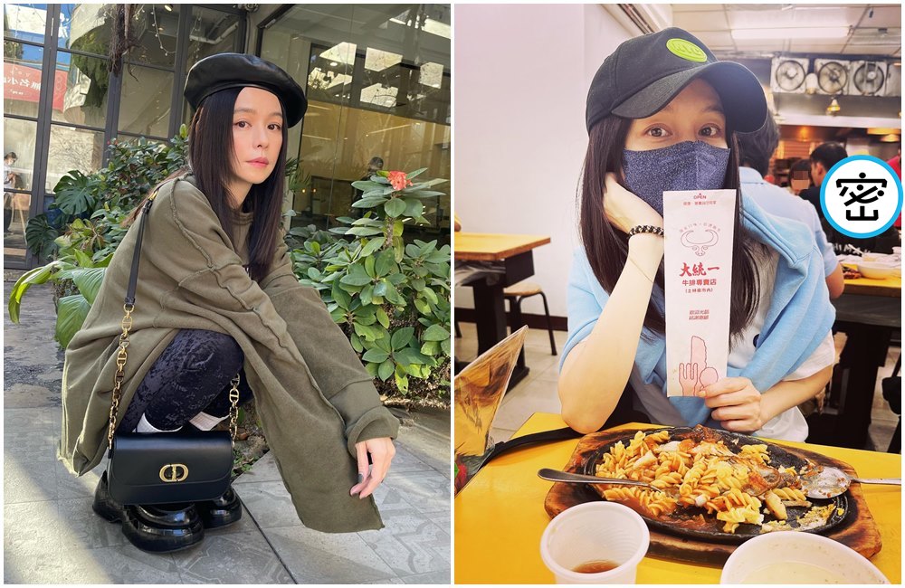 徐若瑄到士林夜市吃牛排（右圖），後方小弟的反應引人注目。（翻攝徐若瑄臉書）