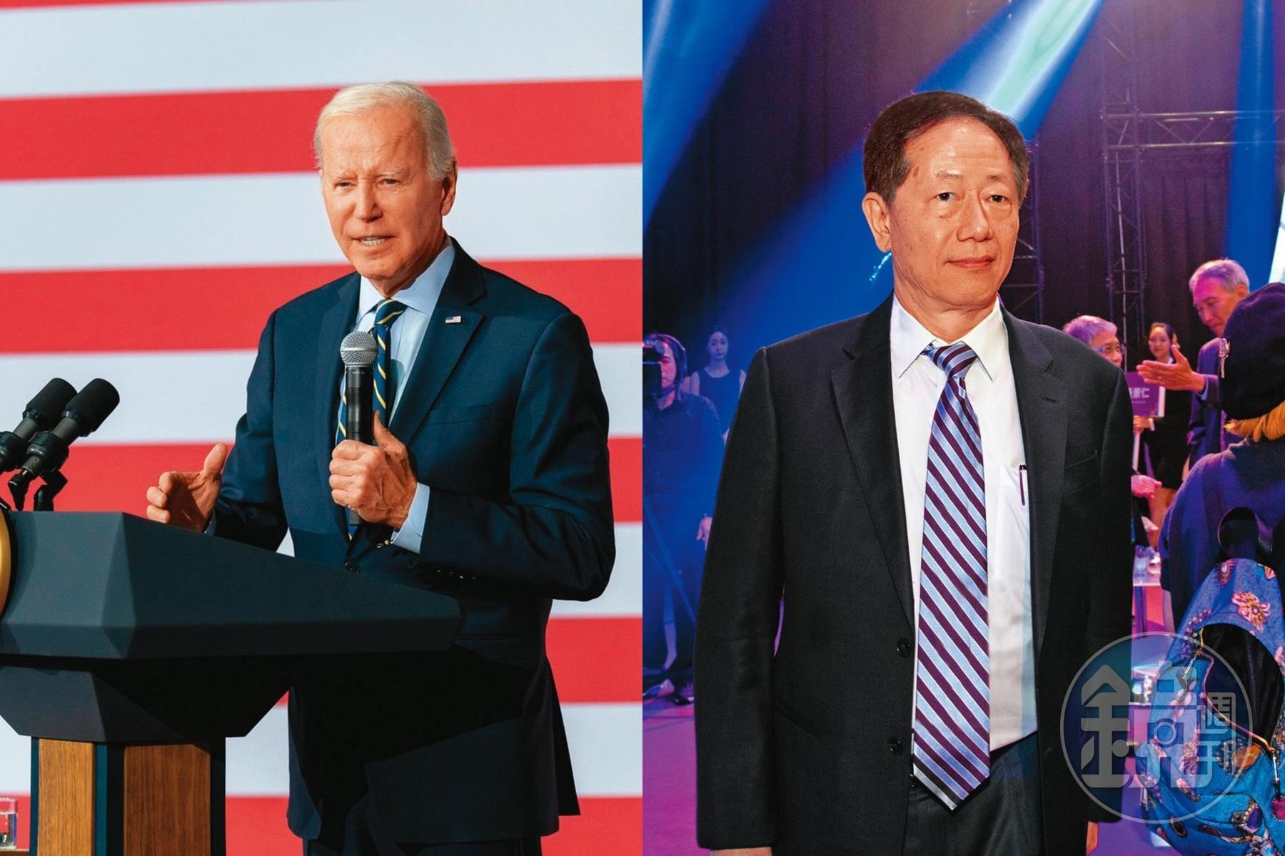 美國公布晶片法案施行細則後，引起台灣和韓國半導體業者反彈，右圖為美國總統拜登。台積電董事長劉德音（右）對美國晶片法案施行細則公開表態，「有些條件沒辦法接受，還要與美國政府談。」（翻攝拜登臉書、資料照片）
