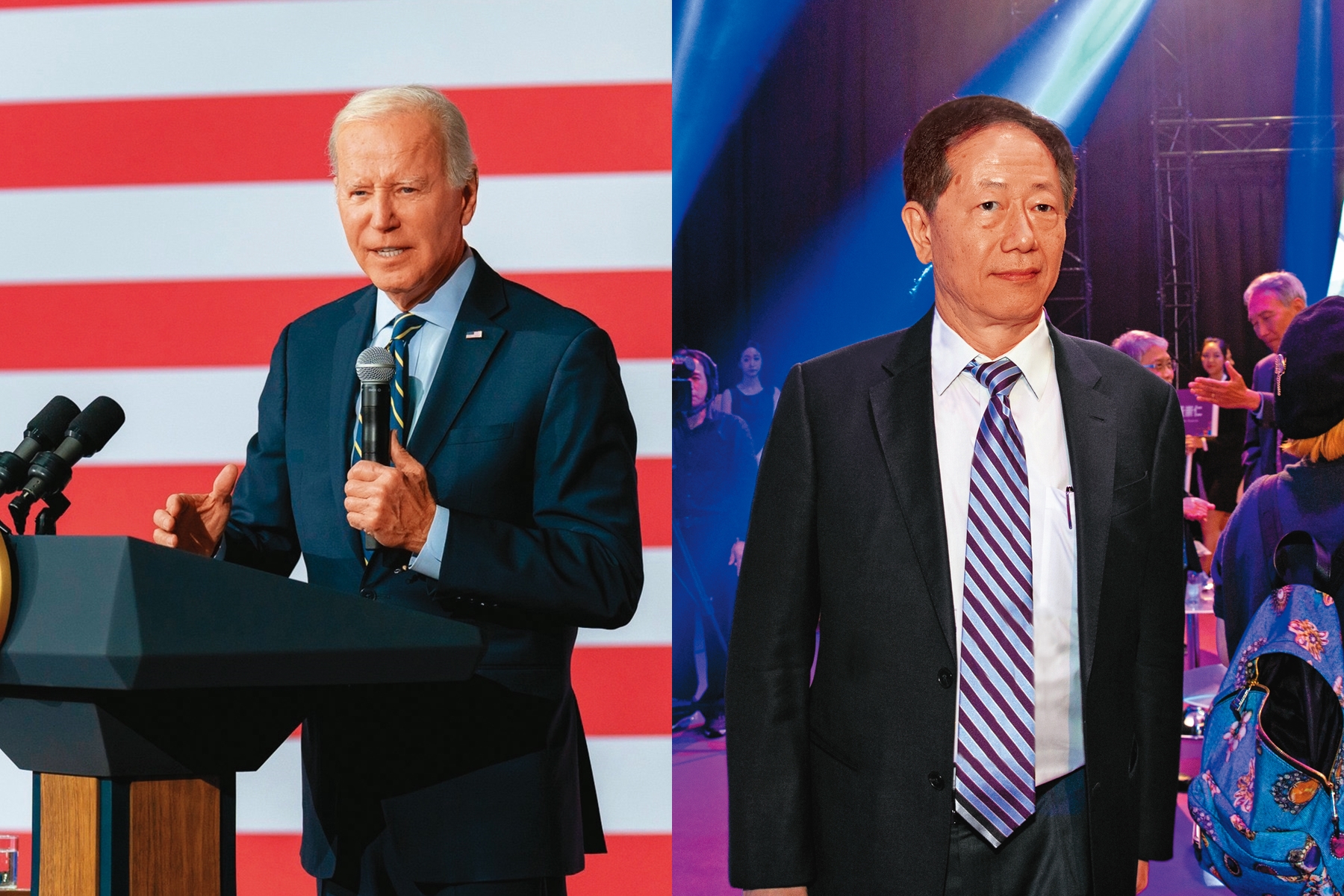美國公布晶片法案施行細則後，引起台灣和韓國半導體業者反彈，右圖為美國總統拜登。台積電董事長劉德音（右）對美國晶片法案施行細則公開表態，「有些條件沒辦法接受，還要與美國政府談。」（翻攝拜登臉書、資料照片）