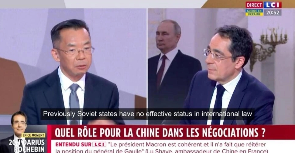 中國駐法大使盧沙野近日接受法國LCI電視台專訪發言惹議。（翻攝推特）
