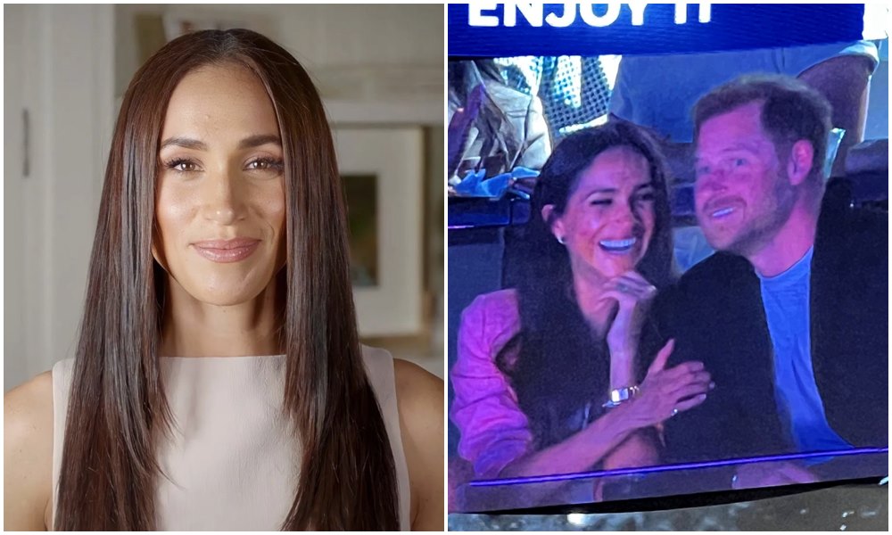 梅根換上新造型（左圖），今被拍到與哈利王子看湖人隊比賽（右圖）。（翻攝YouTube影片、@ArchewellBaby推特）