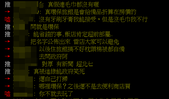 飯店不提供一次性備品,大批網友紛紛表達意見。(翻攝自PTT)