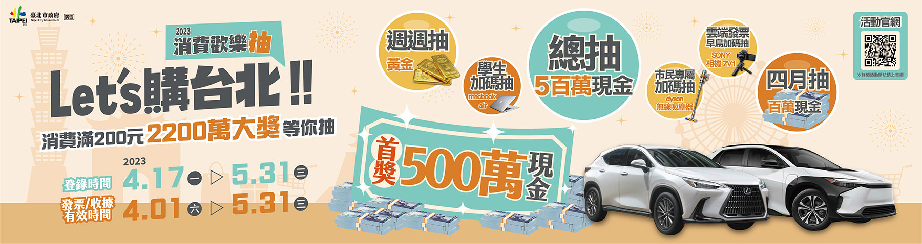 「2023 Let's購台北 消費歡樂抽」登場　消費滿200元即可抽總價值2,200萬好禮！