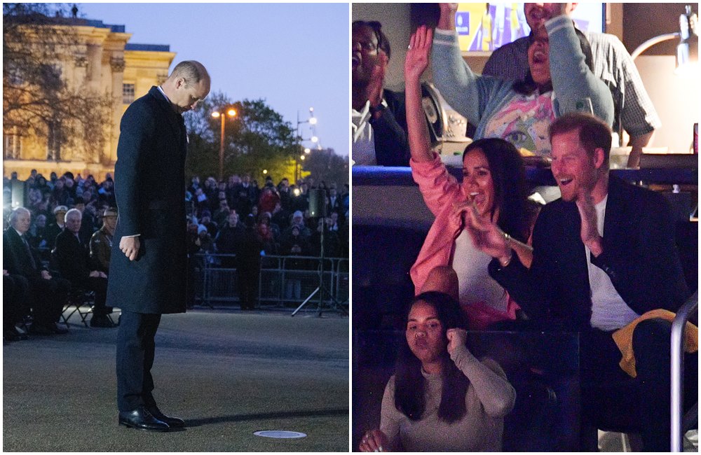 威廉王子參加紐澳軍團日紀念儀式（左圖），哈利王子和梅根在看湖人隊比賽。（右圖）（翻攝@KensingtonRoyal推特、 Elliot Wagland @elliotwagland推特）