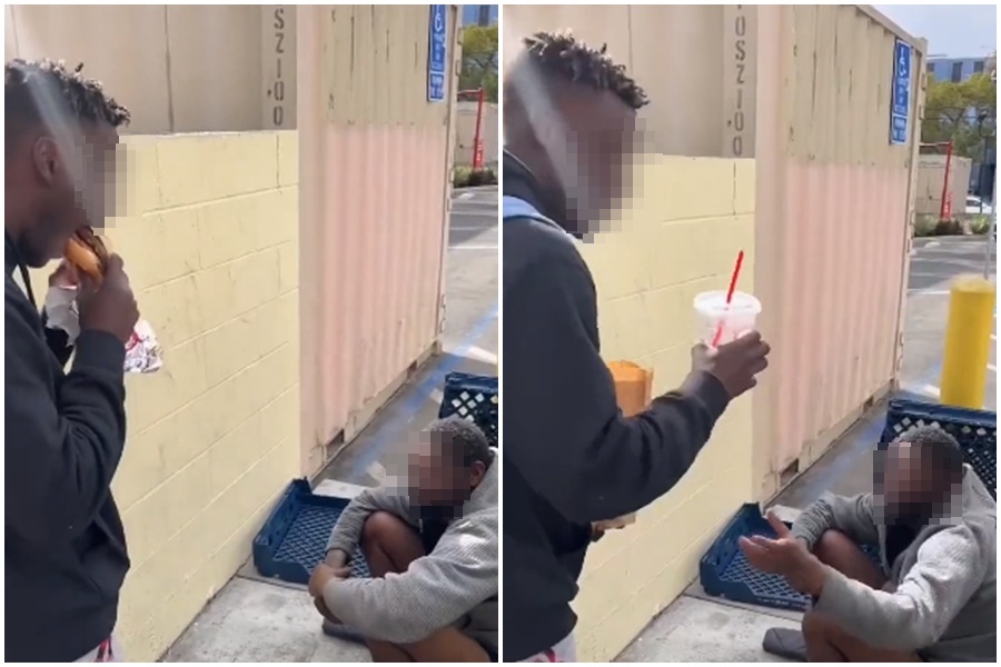 美國一名YouTuber拍出一支惡搞街友的影片，遭到炎上。（翻攝自推特@darafaye）