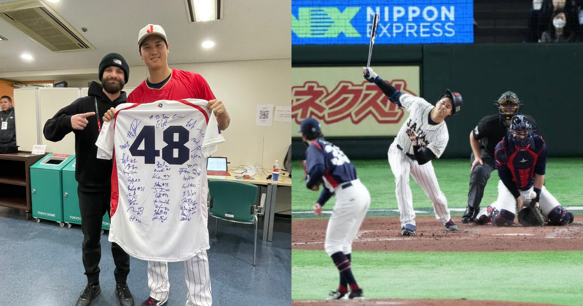 捷克隊工程師投手薩托利亞（左圖左）3球三振大谷翔平（左圖右、右圖），值得驕傲一輩子。（翻攝自推特@OndrejSatoria）