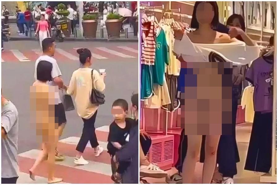 中國湖南長沙市一名女子光溜溜上街,引來路人回頭。(翻攝自微博)