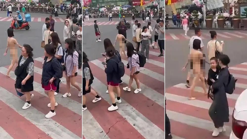 中國湖南長沙市一名女子光溜溜上街,引來路人回頭。(翻攝自微博)
