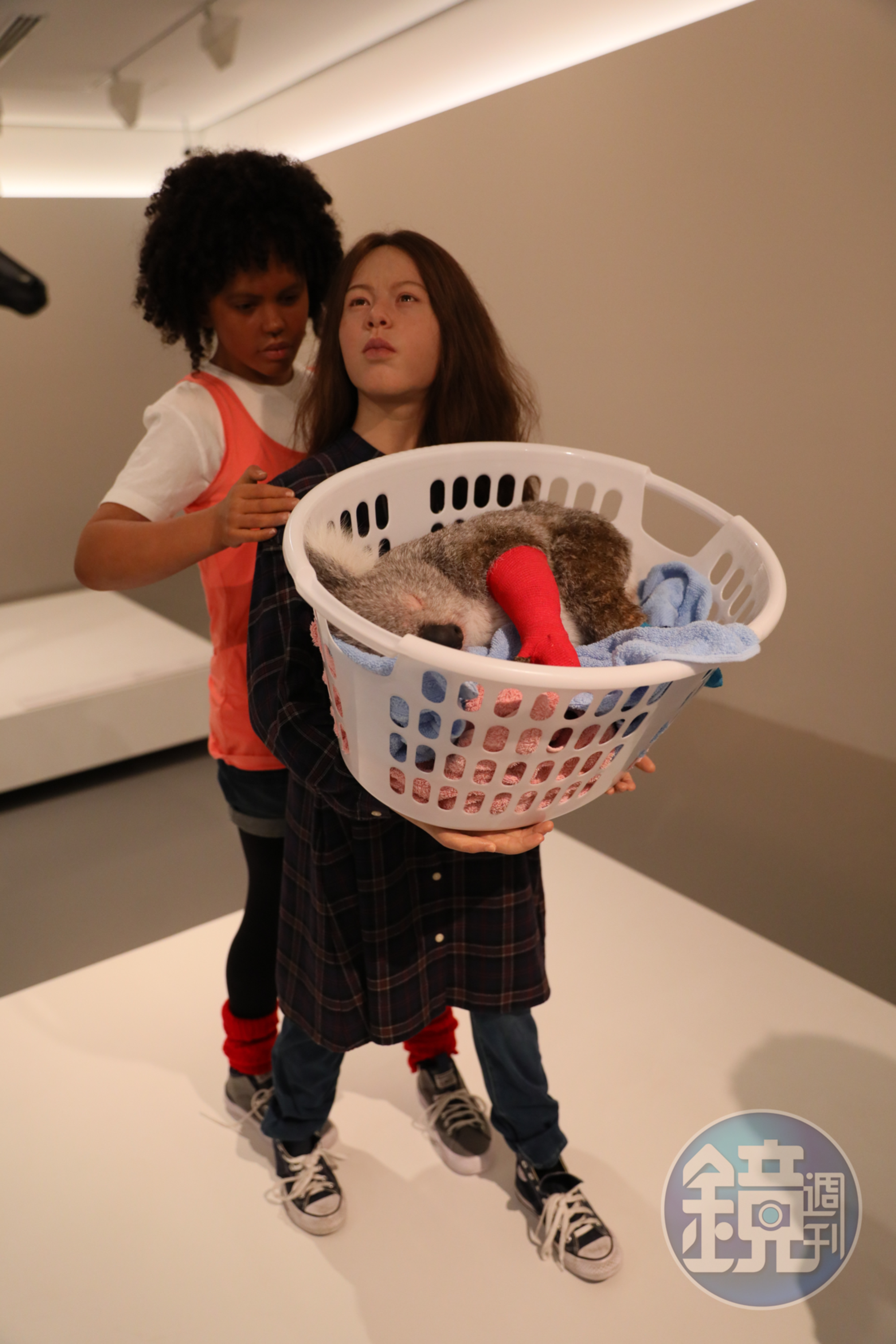 澳洲寫實雕塑藝術家派翠西亞匹斯尼尼(Patricia Piccinini)作品《The Rescuers, 2021》,以森林大火為靈感,籃子裡有隻代表從火場搶救出的無尾熊。