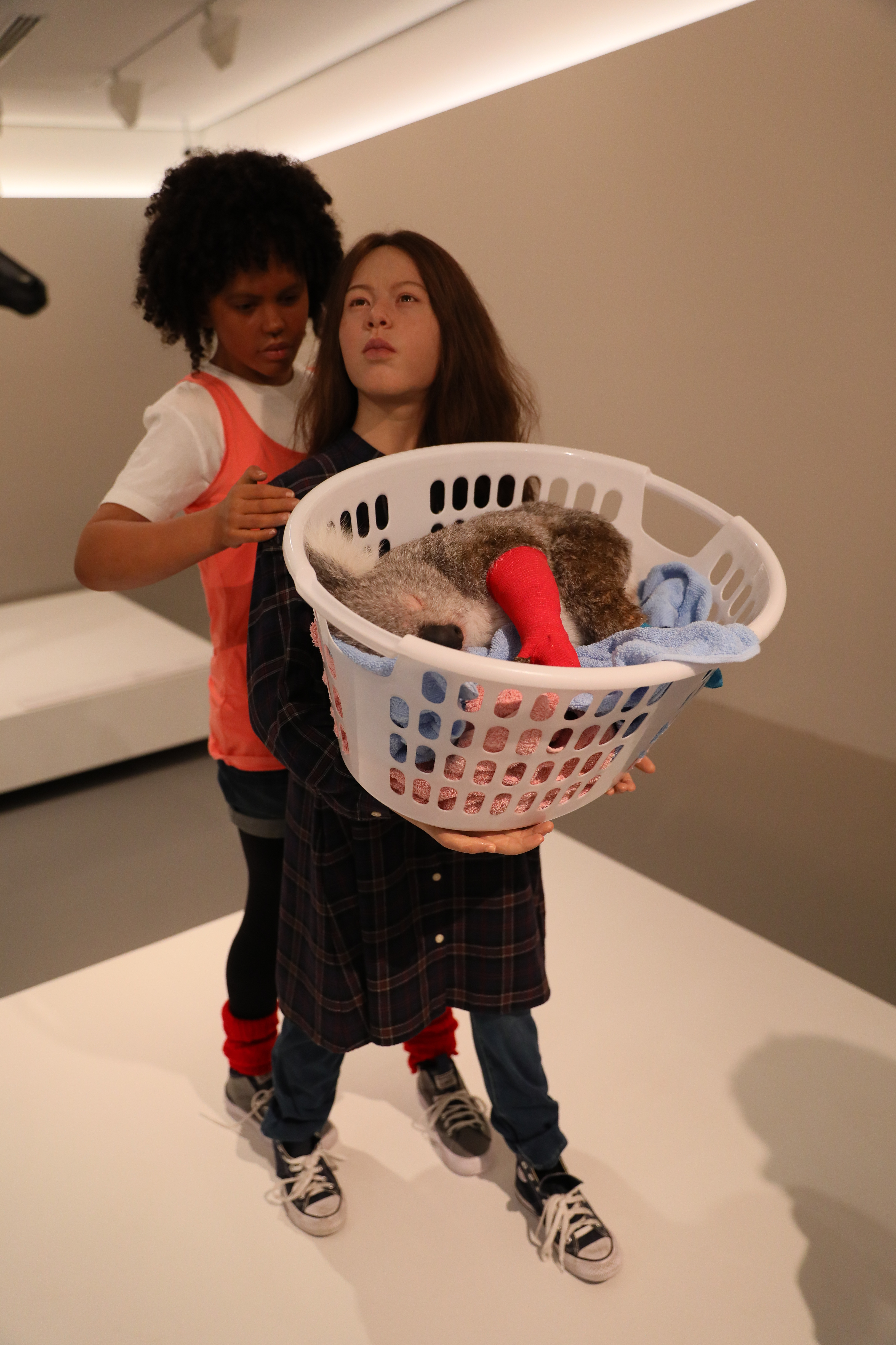澳洲寫實雕塑藝術家派翠西亞匹斯尼尼（Patricia Piccinini）作品《The Rescuers, 2021》，以森林大火為靈感，籃子裡有隻代表從火場搶救出的無尾熊。