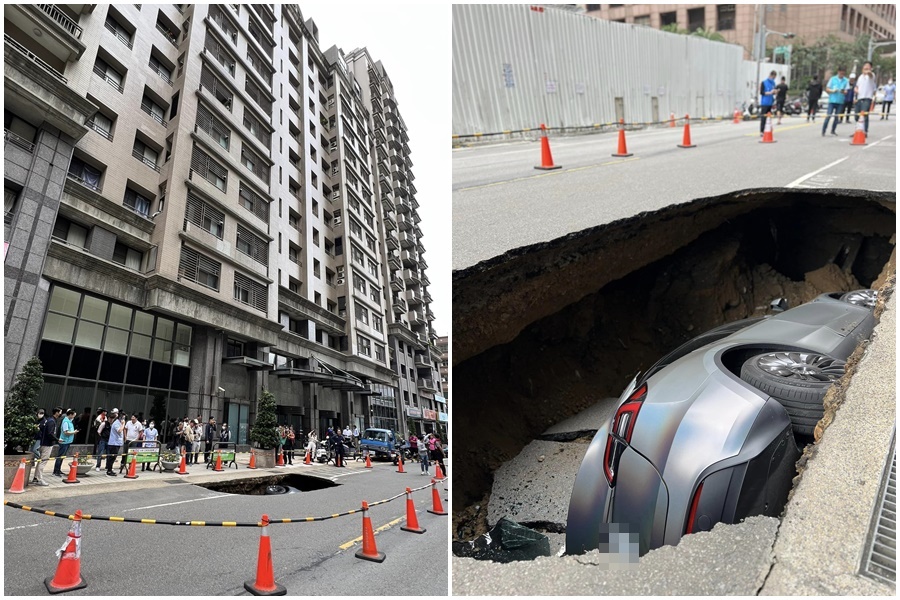 竹北遠百商圈又見天坑！這次輪到特斯拉遭殃。（翻攝自朱健銘臉書）