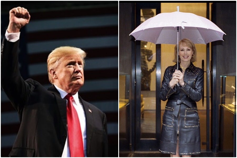 川普再專欄作家卡洛爾（E. Jean Carroll）控訴，27年前曾在一間更衣室中遭他性侵。（翻攝realdonaldtrump、E. Jean Carroll IG）