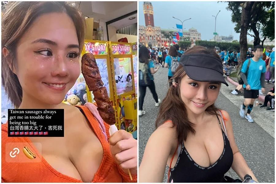 實況主Kiaraa Kitty近日來台,參加路跑外也不忘來一根最愛的烤香腸。(翻攝自Kiaraa Kitty推特)