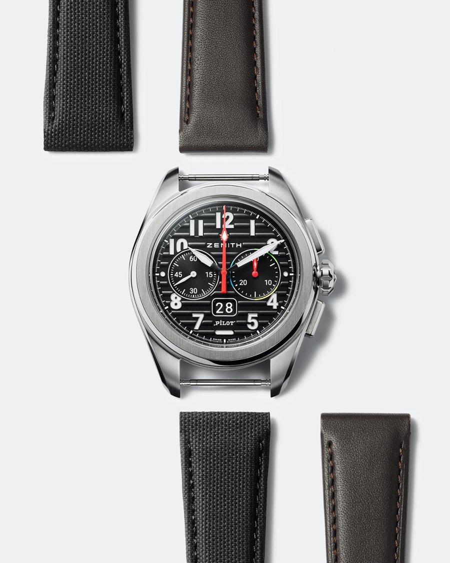 ZENITH 全新Pilot飛行錶,面盤採用類似RIMOWA行李箱的溝槽式條紋設計,在低調簡潔的飛行錶面盤上增加視覺變化,並可自行更換錶帶。