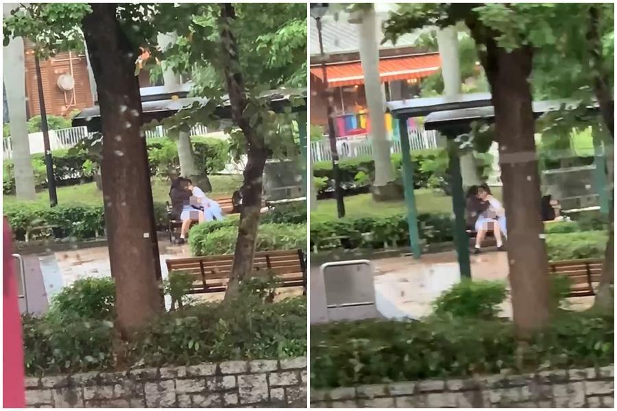 近日網路瘋傳一段學生情侶在公園熱吻影片。(翻攝自畫面)