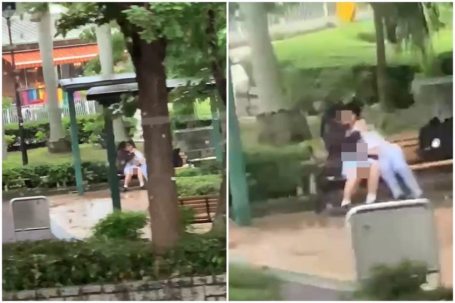 近日網路瘋傳一段學生情侶在公園熱吻影片。(翻攝自畫面)