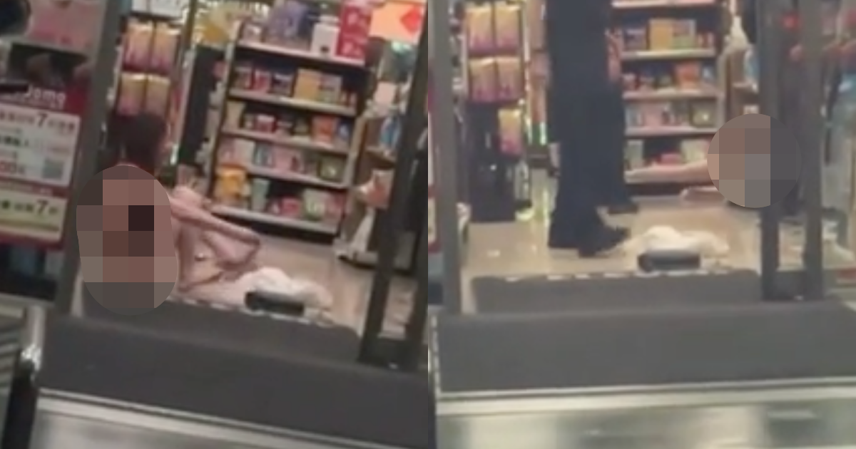 一名女子疑似喝醉酒情緒不穩，坐在超商門口脫到一絲不掛。（翻攝自Dcard）
