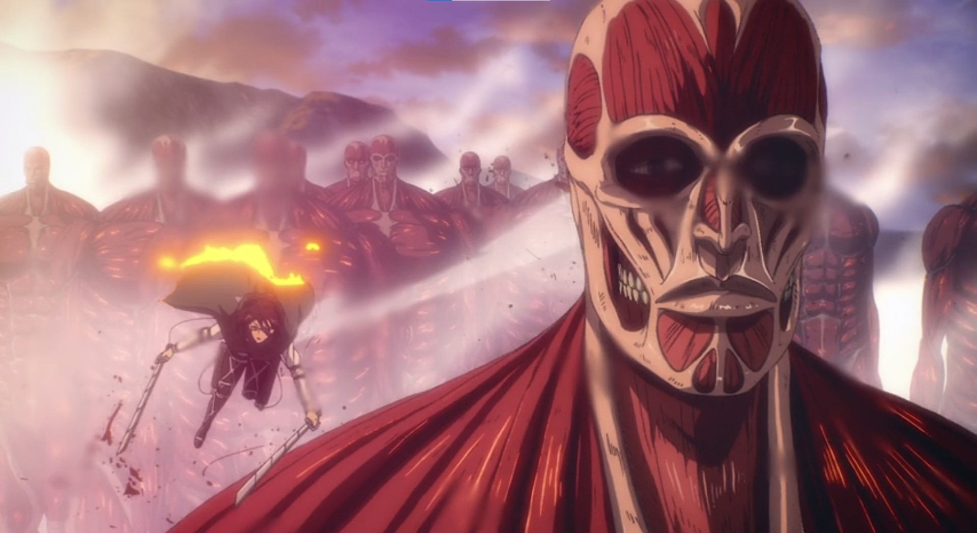 約1小時的《進擊的巨人》完結篇前篇,有十多位台灣原畫師參與。圖為畫師曾信雄負責段落的播出畫面。(翻攝自sakugabooru)