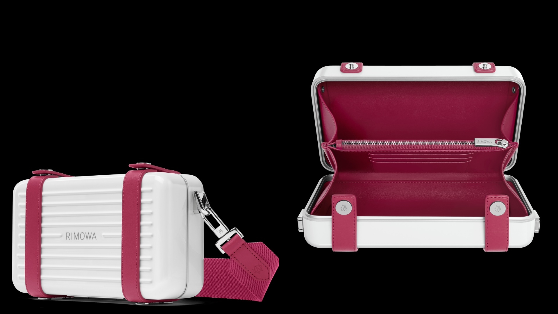 RIMOWA Personal Cross-body Raspberry覆盆子中性硬殼斜揹袋,內裡採用義大利全粒面皮革製成,有兩個開放式間隔、一個拉鏈間隔及三個卡片間隔。NT$44,700(美之心提供)