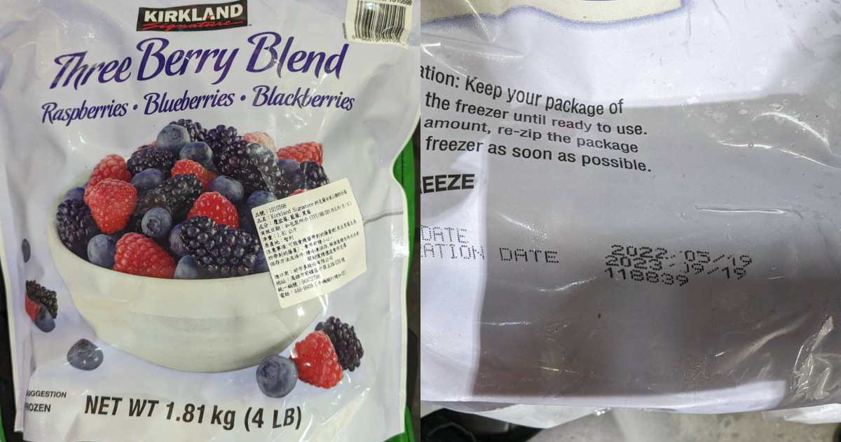 好市多「Kirkland Signature科克蘭冷凍三種綜合莓(產地:智利,規格:1.81 kg/包)」驗出A肝病毒。(食藥署提供)