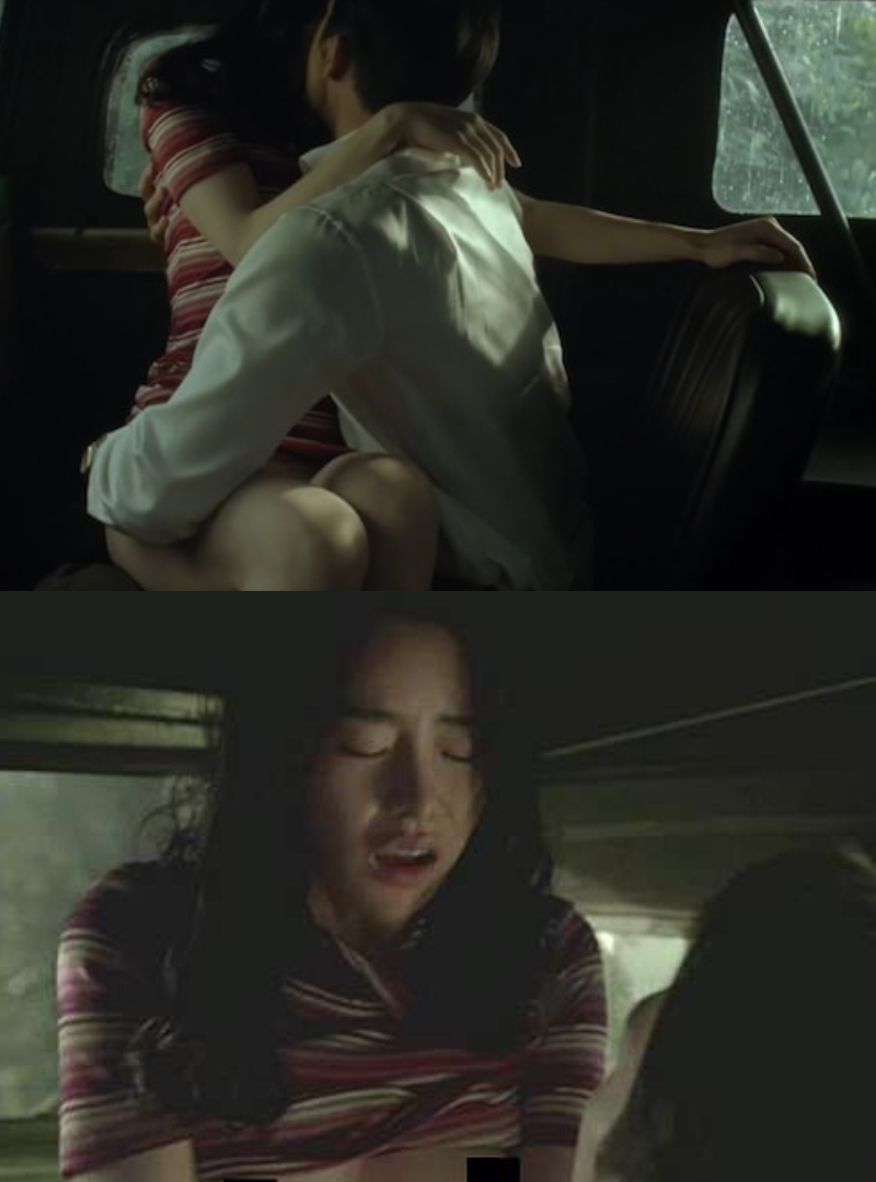 林智妍(下圖、上圖左)與宋承憲(上圖右)在戲中車震,根本像在拍超高難度的動作片。(翻攝自自由微信)