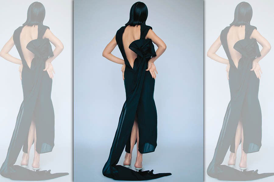 黑色露背拖襬洋裝 價格店洽 by PRADA／白色低跟穆勒鞋 價格店洽 by LOEWE