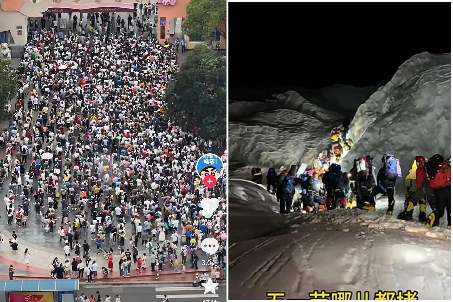 厲害了中國!「千萬頭攢動」擠爆五一假期,連聖母峰凌晨2點大排長龍都怪它。(翻自微博)