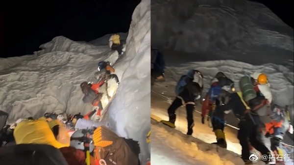 微博上瘋傳，五一連假出遊人潮爆，珠峰攀登路線的昆布冰川出現「大排長龍」現象，凌晨2點還塞了1小時。（翻攝自快科技）