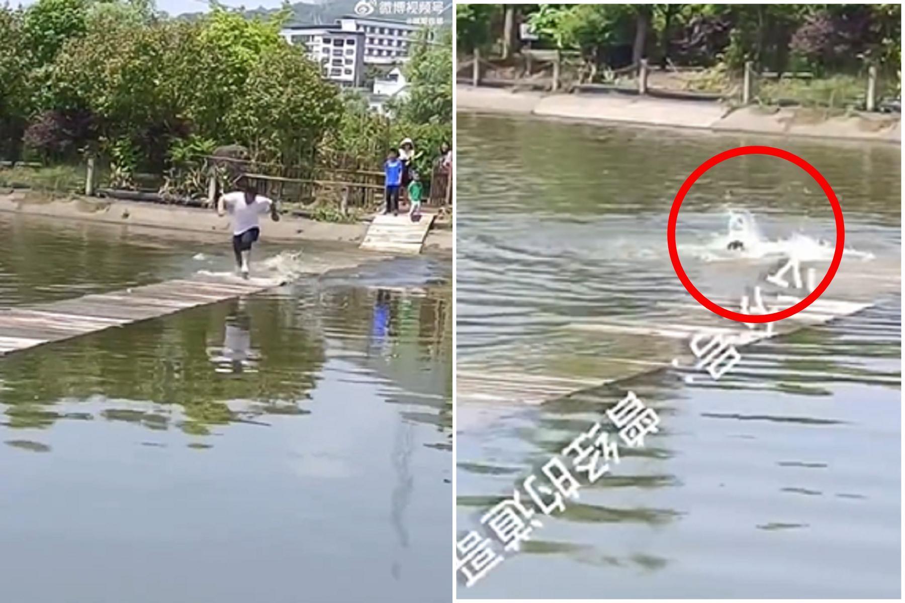 男挑戰「水上輕功」卻沉下去，水中掙扎沒人救慘溺斃！家人還在喊加油...（翻自微博）
