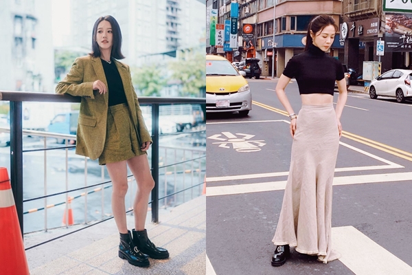 （左起）孟耿如與謝盈萱以水鑽logo裝飾的短靴展現率性風貌。（Christian Louboutin提供）