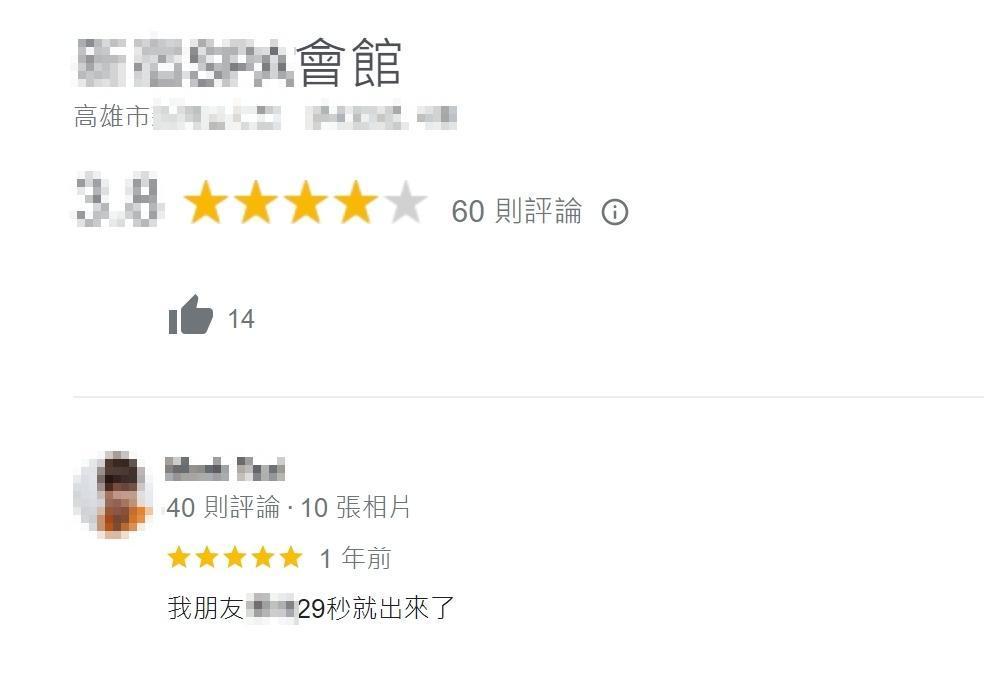 養生會館主打「平價消費,帝王享受」,獲得五星好評盛讚「我朋友29秒就射出來」。如今已被法官處分勒令停業。(翻攝Google評論)