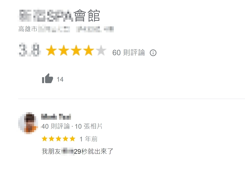 養生會館主打「平價消費，帝王享受」，獲得五星好評盛讚「我朋友29秒就射出來」。如今已被法官處分勒令停業。（翻攝Google評論）