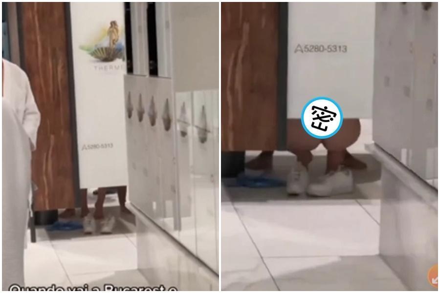 一對男女不顧人來人往，在更衣間裡前後衝刺。（翻攝自抖音）