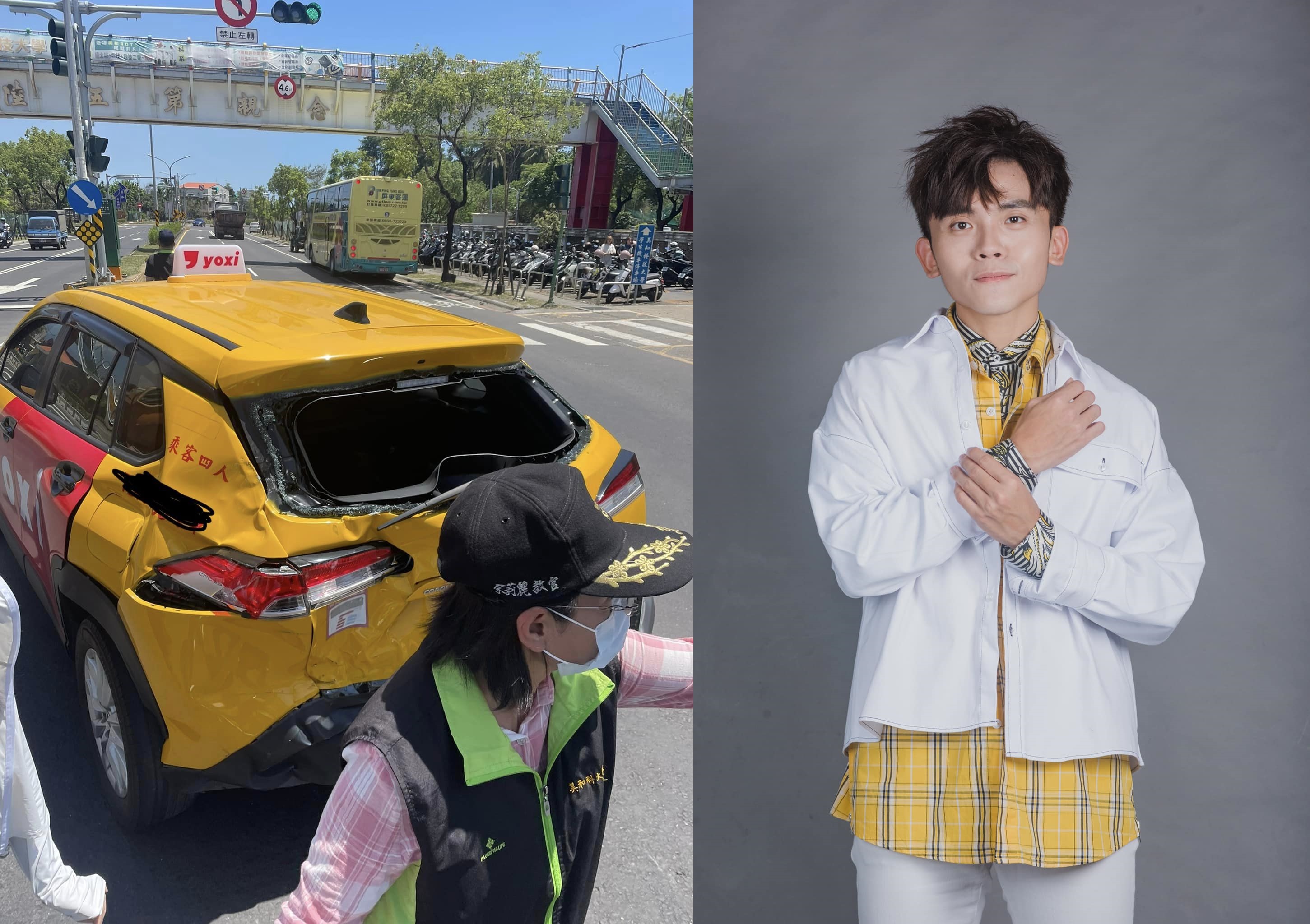 黃豪平昨在屏東發生車禍，他和經紀人在計程車上遭砂石車撞飛。（翻攝自黃豪平臉書）