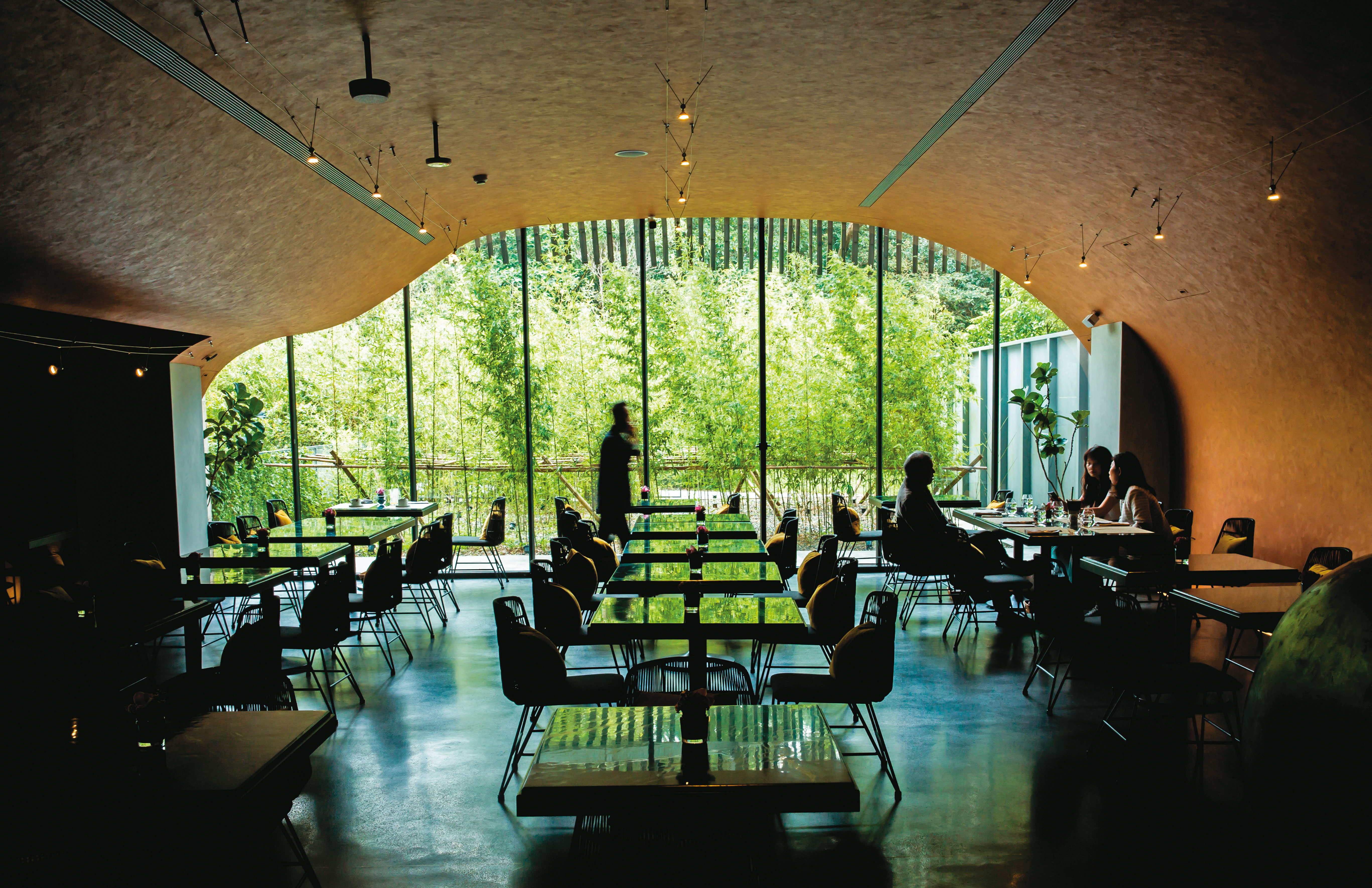 以洞穴為概念的餐廳habitat（棲息地），午後的自然光影下，散發緩慢舒適感。
