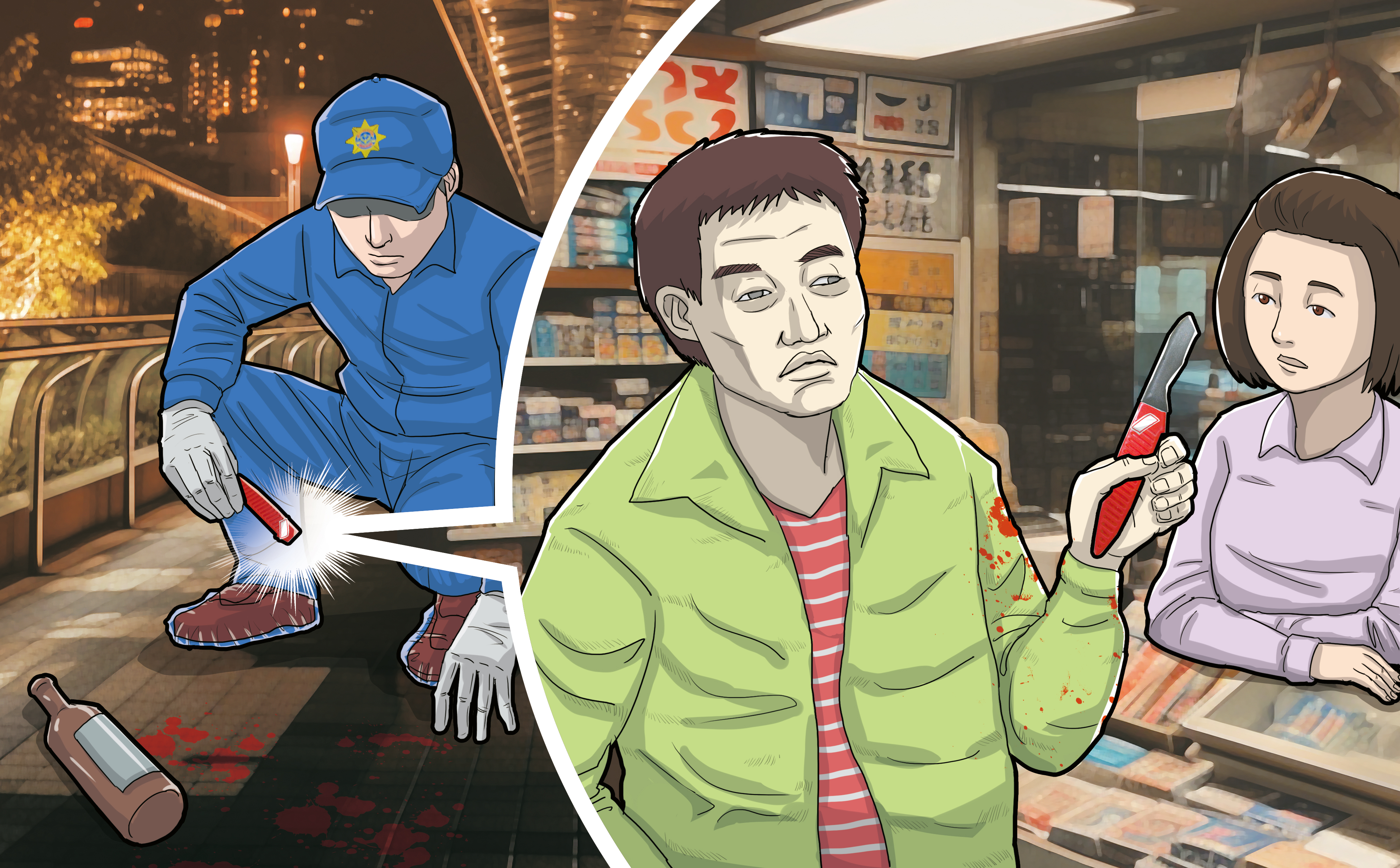 方勘驗命案現場證物，循線找到雜貨店女店員，她供稱廖明德前往買刀時，衣服已沾染血跡。（示意畫面。AI繪圖Midjourney生成，本刊美術組後製）