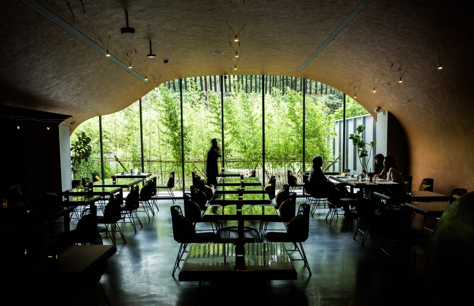 以洞穴為概念的餐廳habitat（棲息地），午後的自然光影下，散發緩慢舒適感。