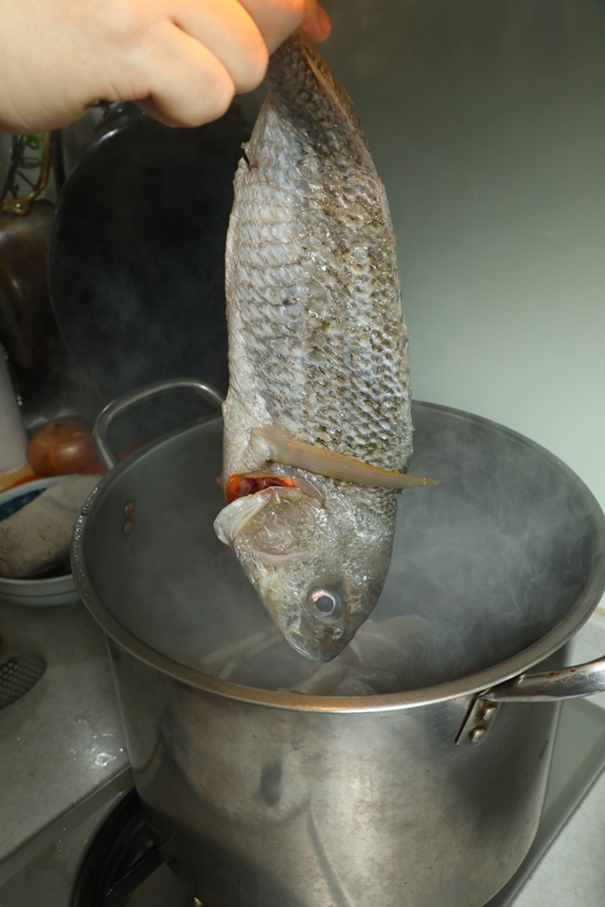 熱鍋中放魚。