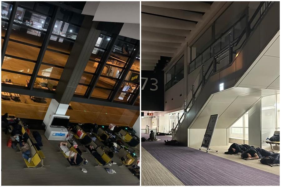 昨日行程受到延誤的旅客只能用睡袋睡在航廈,讓他們大為不滿。(翻攝PTT、爆怨公社)