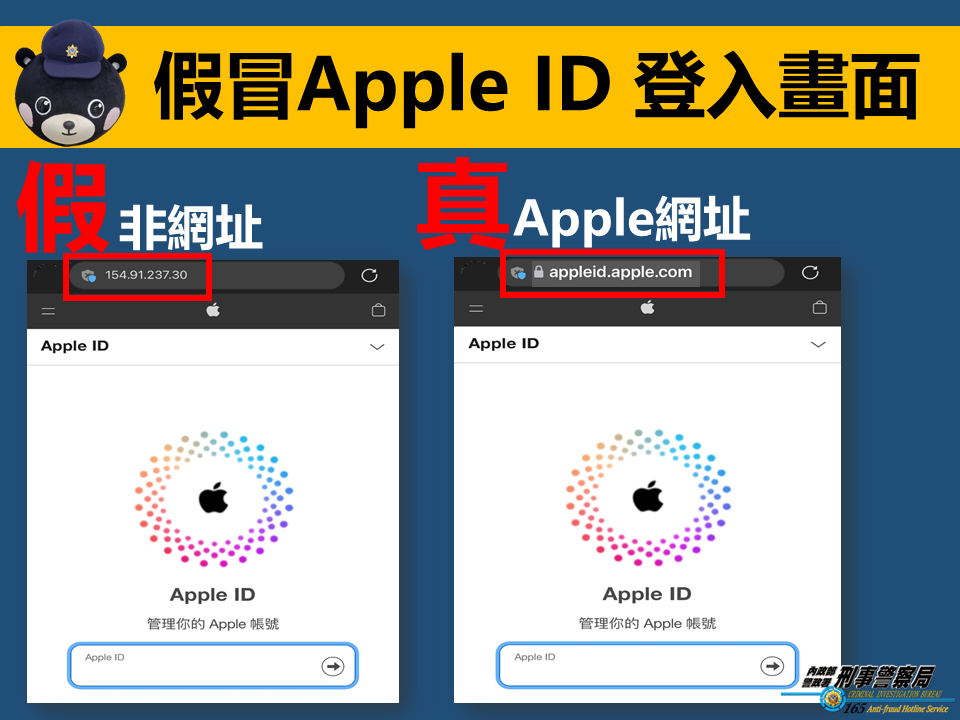 真假Apple ID登入畫面比較圖。（刑事局提供）