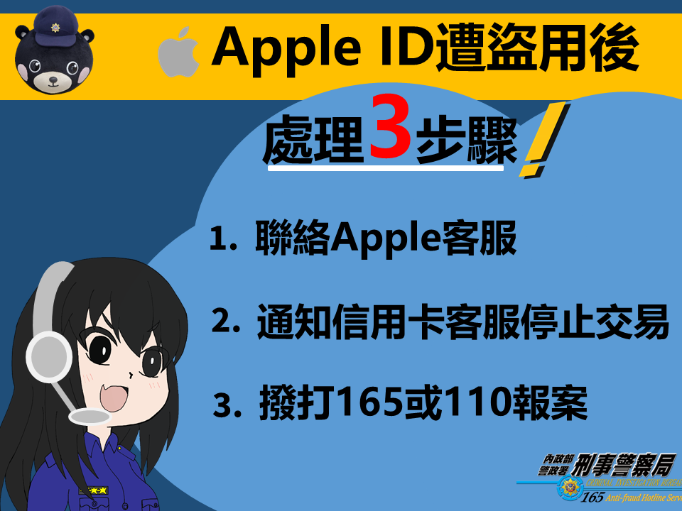 Apple ID遭盜用後處理宣導圖。（刑事局提供）